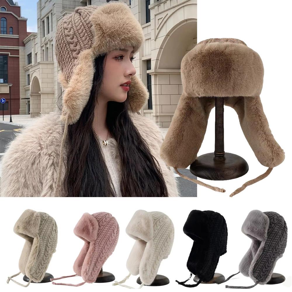 Y2K Winter Knitted Beanies Cap Fashion Plush Knitted Thickened Snow Skiing Hat Outdoor Windproof Warm Ear Protection Hat Women