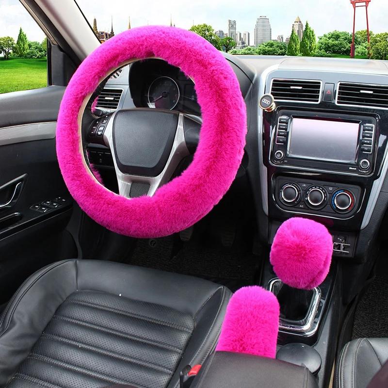 3Pcs/set Solid Soft Warm Long Wool Fuzzy Steering Wheel Cover Woolen Handbrake Car Accessory Sheep Fur Plush Protector Cover Kit