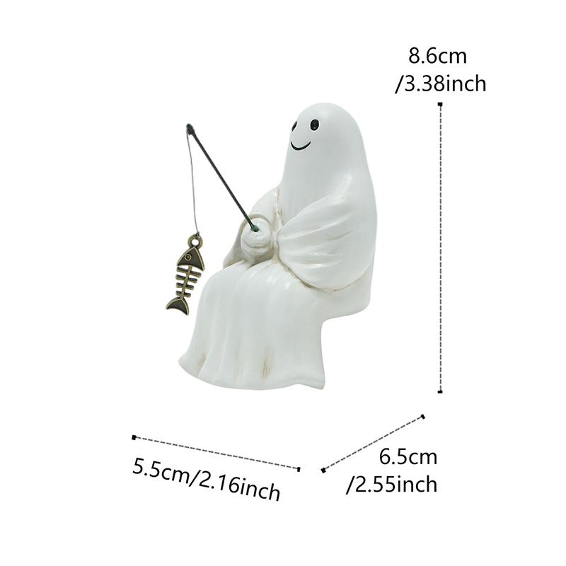 Fishing Ghost Statue Mini Ghost Figurines Halloween Gothic Decor Resin Cute Ghost Fisher Sculpture For Outdoor Garden Pond