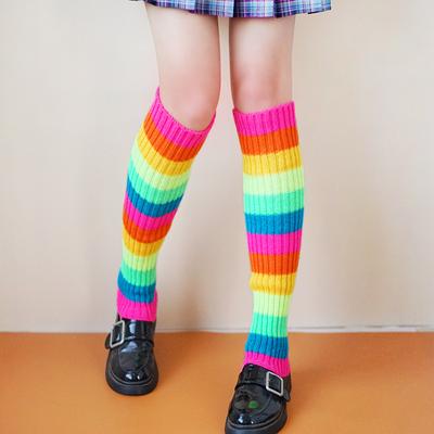 Women's Autumn and Winter Warm Knitted Woolen Leg Sleeves Striped Fluorescent Color Arm Warmers Mid-calf Slouchy Rainbow Socks