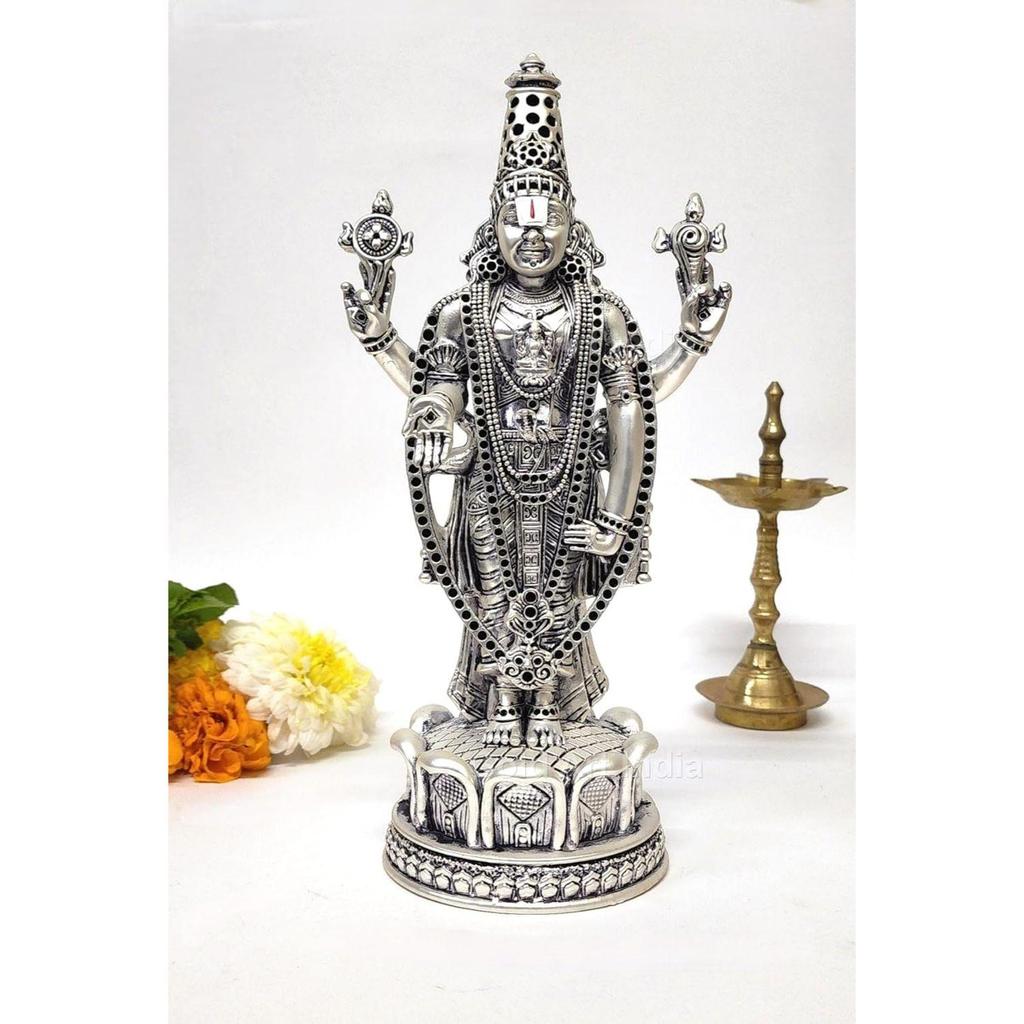 Lord Tirupati Balaji Silver Plated Matte Idol for Car Dashboard | Vishnu Ji Idol for Office Desk Venkateswara Swamy Murti for Home Decor