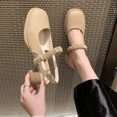 Sandal Bun Head with Solid Color Fashion Sandal Female Fairy Wind 2024 New Line with Square Head Mary Jane Shoes