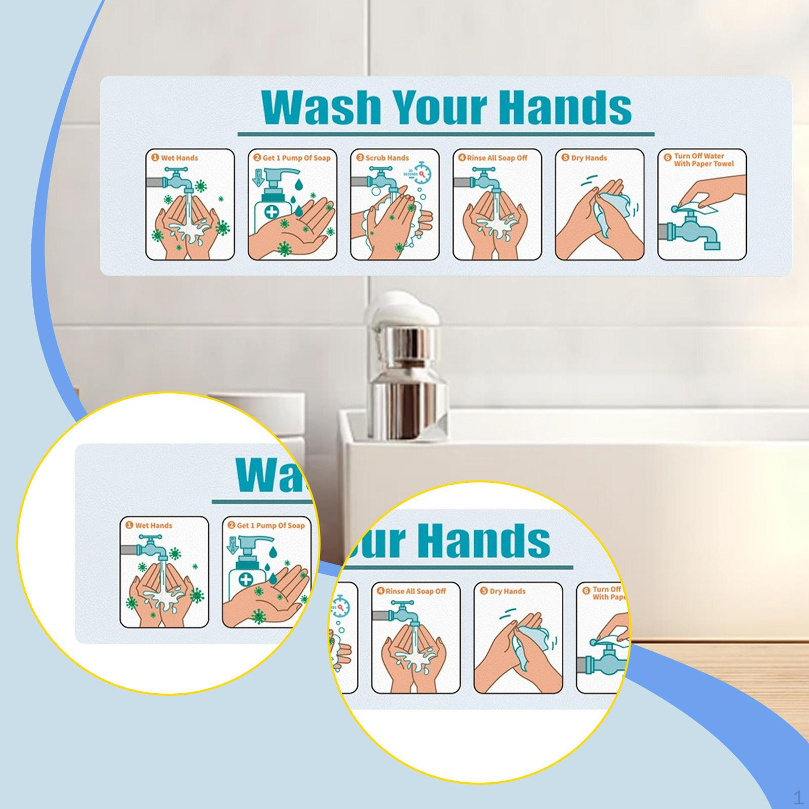 

Wash Your Hands Sign Sticker Hand Washing Instruction Label with Sticky Backing
