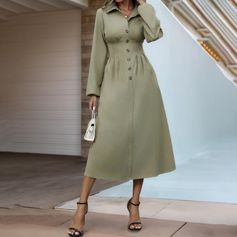 

Новое осеннее платье-рубашка с лацканами, приталенное, А-силуэта, для делового стиля, с длинным рукавом, на пуговицах S армия зеленый