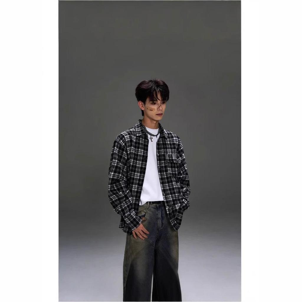 Men's Retro Black & White Checkered Long Sleeve Shirt Jacket - Casual Spring/Autumn Wear