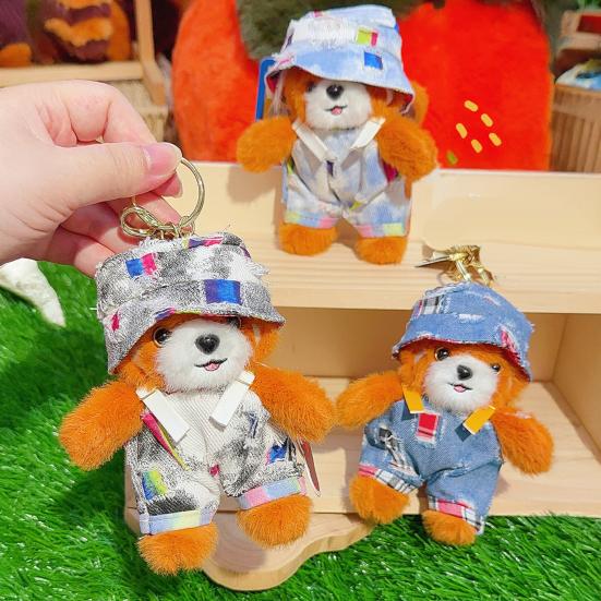 Plush Red Panda Keychain Denim Overalls Hat Stuffed Red Panda Key Ring Backpack Schoolbag Hanging Decoration Bag Charm Purse Pendant