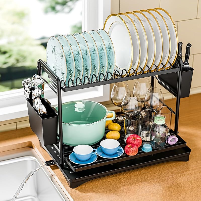 Simple Trending Small Dish Drying Rack, Compact Expandable Dish Rack with Cutlery Holder, Sink Dish Drainer for Kitchen Countertop, Black