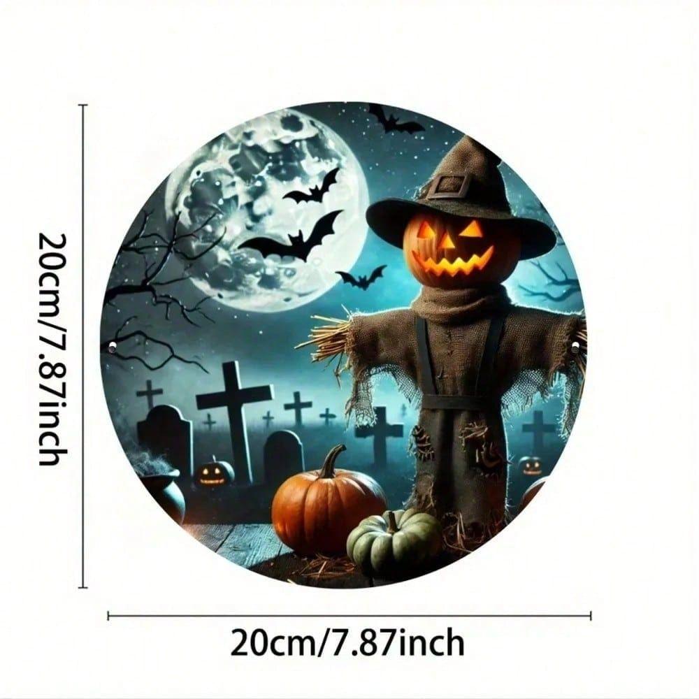 

Metal Wall Poster Round Halloween Scarecrow Sign for Bar Decor