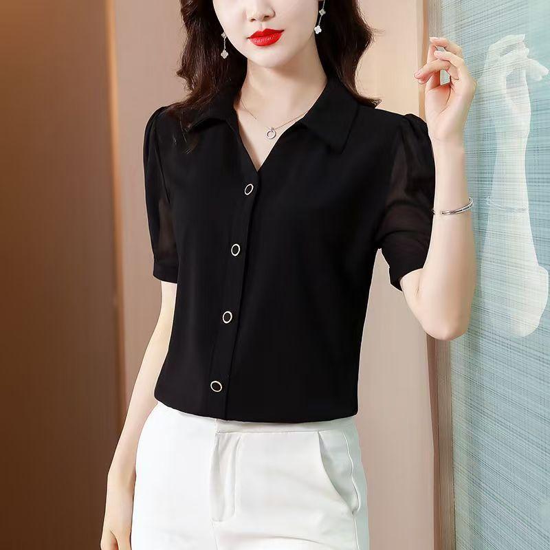 Women's short-sleeved chiffon splicing top women's summer new black foreign style age-reducing meat-covering and thin shirt women