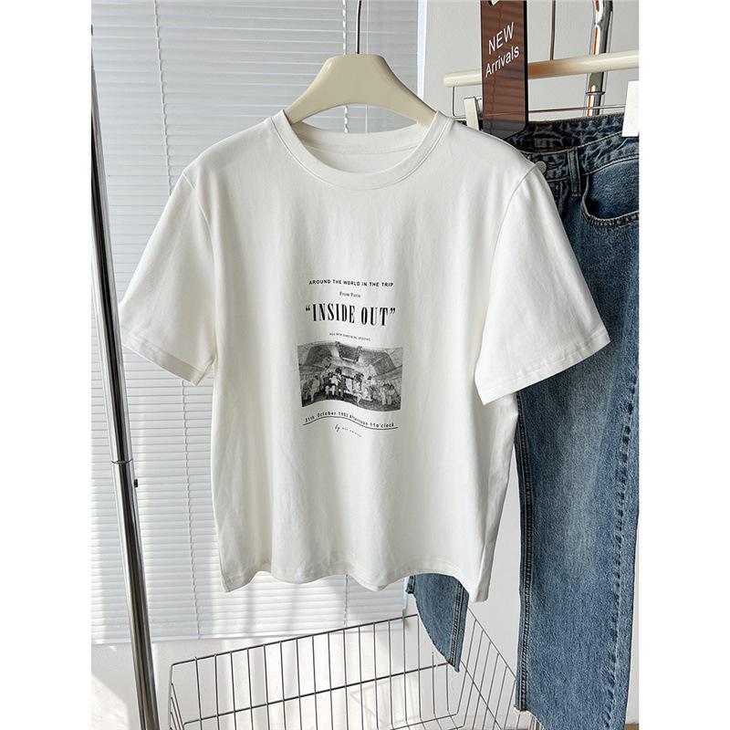 

Retro American Print Short Sleeve T-Shirt – Casual Loose Fit, Crew Neck, Versatile Summer Top One Size белый