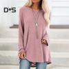 Women Tops Round Neck Long Sleeve Loose Fit Solid Color Tunic Top Casual Shirt with Hip Coverage Length