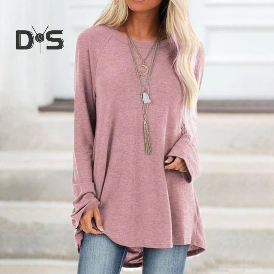 Women Tops Round Neck Long Sleeve Loose Fit Solid Color Tunic Top Casual Shirt with Hip Coverage Length