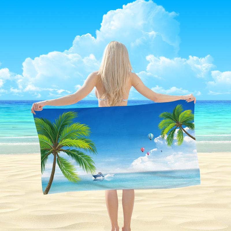 Scenic Beach Print Microfiber Towel Quick Dry Sand Free Large Bath Towel with Seagull Sailboat Palm Tree for Swimming Travel