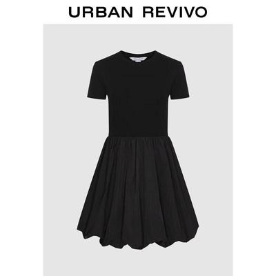 Damen lässiges Kleid mit Raffung und Patchwork-Design, Rundhals