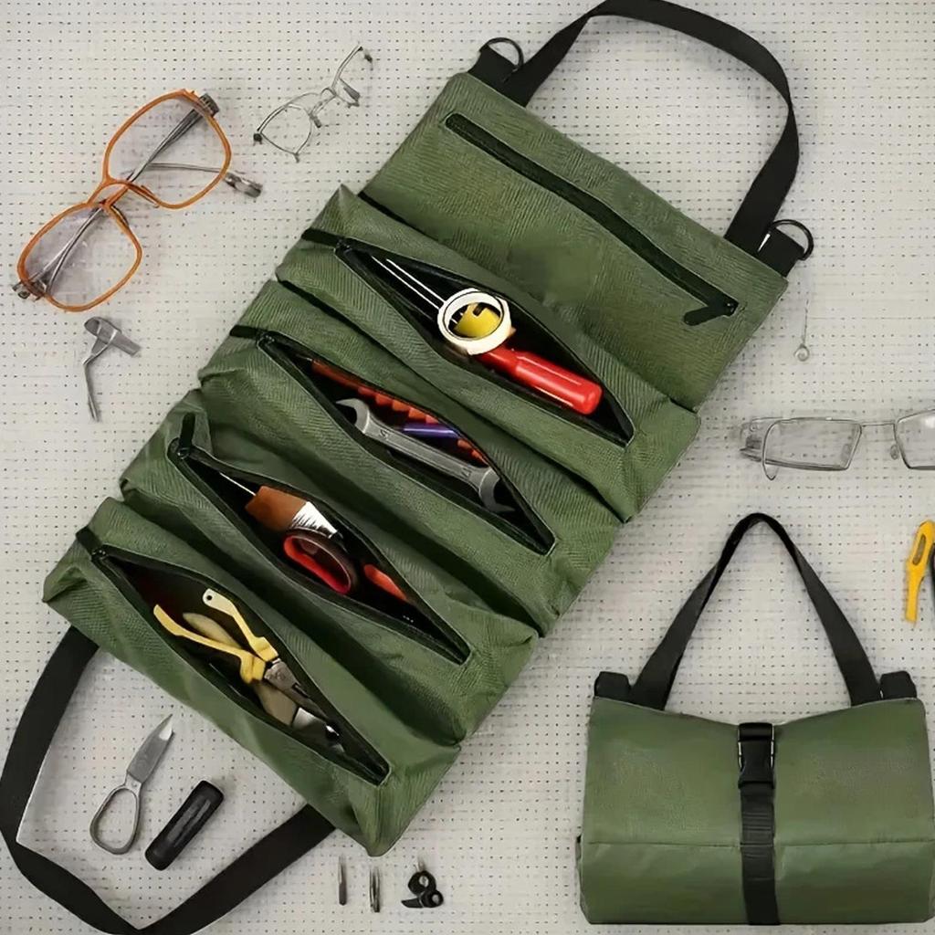 Tool Roll Bag Foldable Organization with 5 Zippered Pockets Tool Organizer Pouch for Electrician Plumbing Repair Maintenance