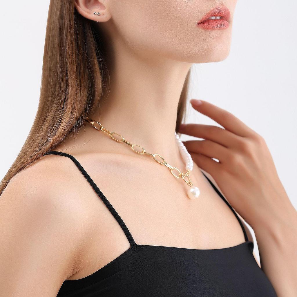 Geometric Imitation Pearl Clavicle Chain Necklace with OT Buckle