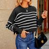 Damenmode Lockerer Kurzer Pullover Strick Langarm Rundhals Gestreift Geschlitzt Pullover