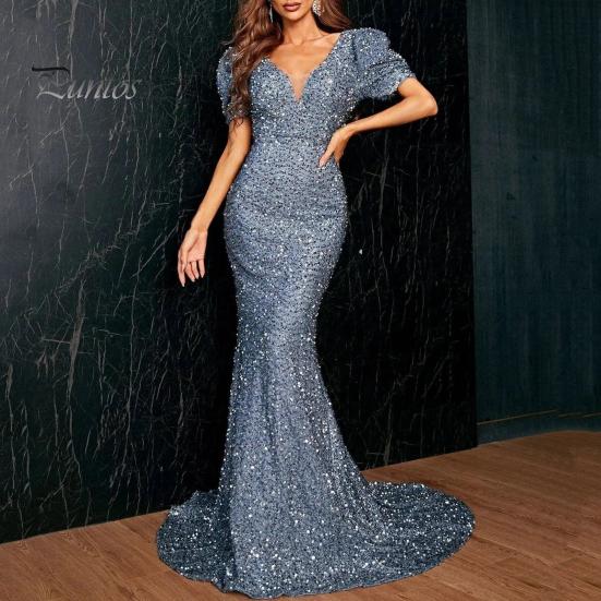 Women Evening Dress Shimmering Sequin Short Bubble Sleeves V Neck Slim Fit Floor Length Big Bow At Back Mid Waist Cocktail Party Wedding Banquet Maxi