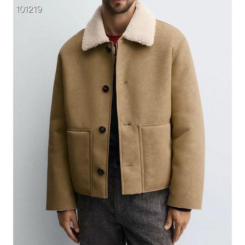 Za25 New Autumn and Winter Men s Clothing Lamb Wool Lapel Fleece-Lined Fur Integrated Jacket 6318408 Light brown S