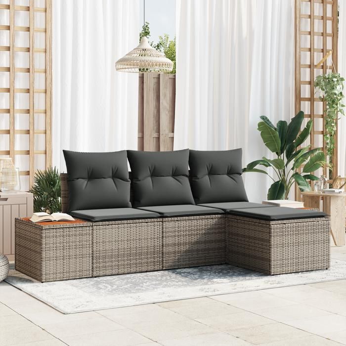 VidaXL Ensemble de Canapé de Jardin 4 Pièces avec Coussins Gris Rattan Poly Acacia 3348060