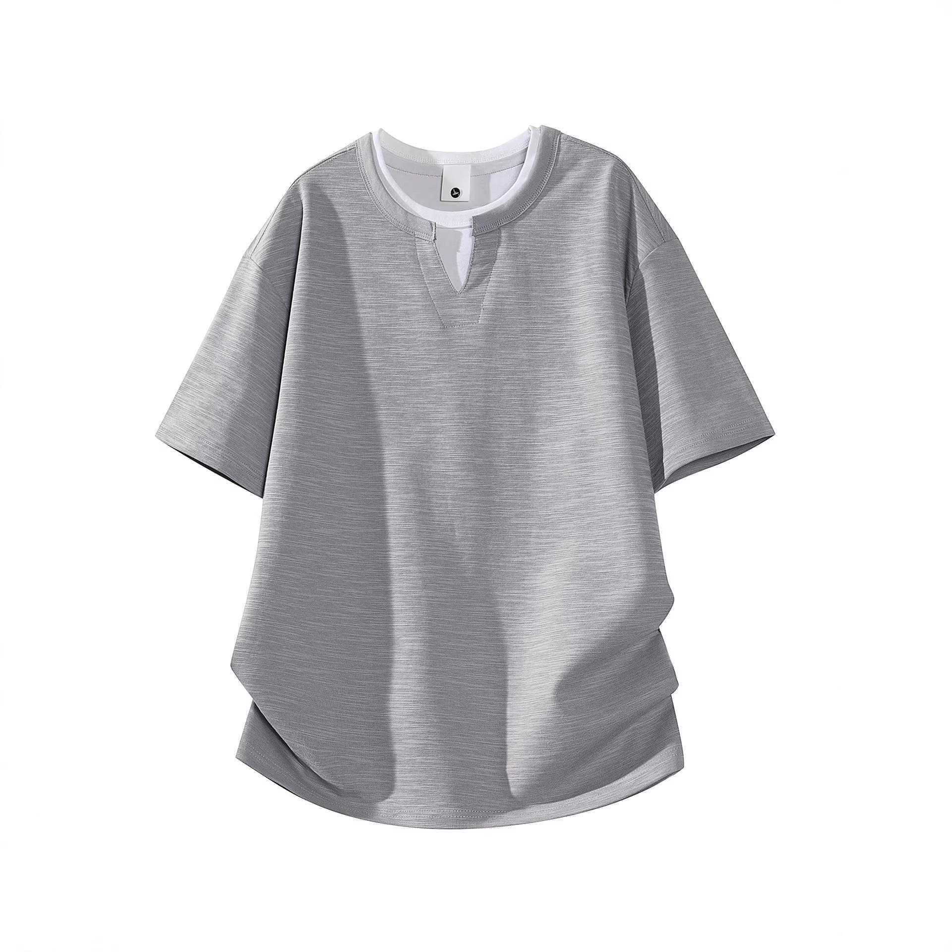 

Men s High-End Casual Loose Round Neck Short Sleeve Solid Color V-Neck Layered Style Summer T-shirt 2XL серый