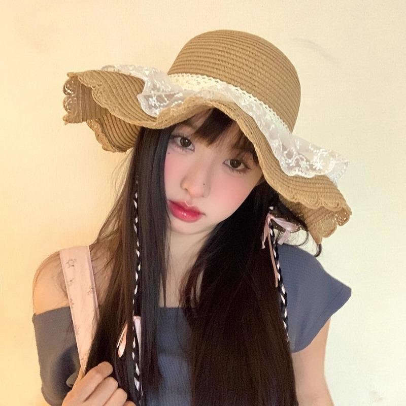 Straw hat women's new summer lace bow straw hat travel sunscreen hat beach seaside big brim