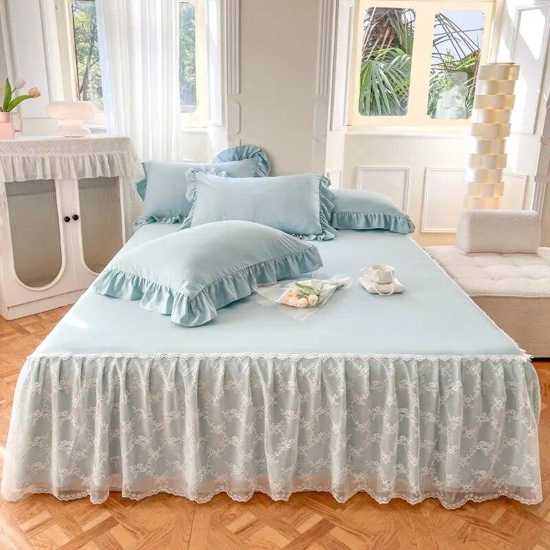 100% Cotton Princess Lace Bed Skirt + 2 Piece Pillowcases Bedding Bedspreads Sheet Pink Lace Bedding Set Bed For Girl Bed Cover