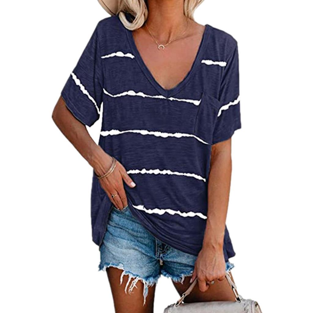 Fashion Women's Loose Summer Short Sleeve T-shirt V-neck Striped Print Tops