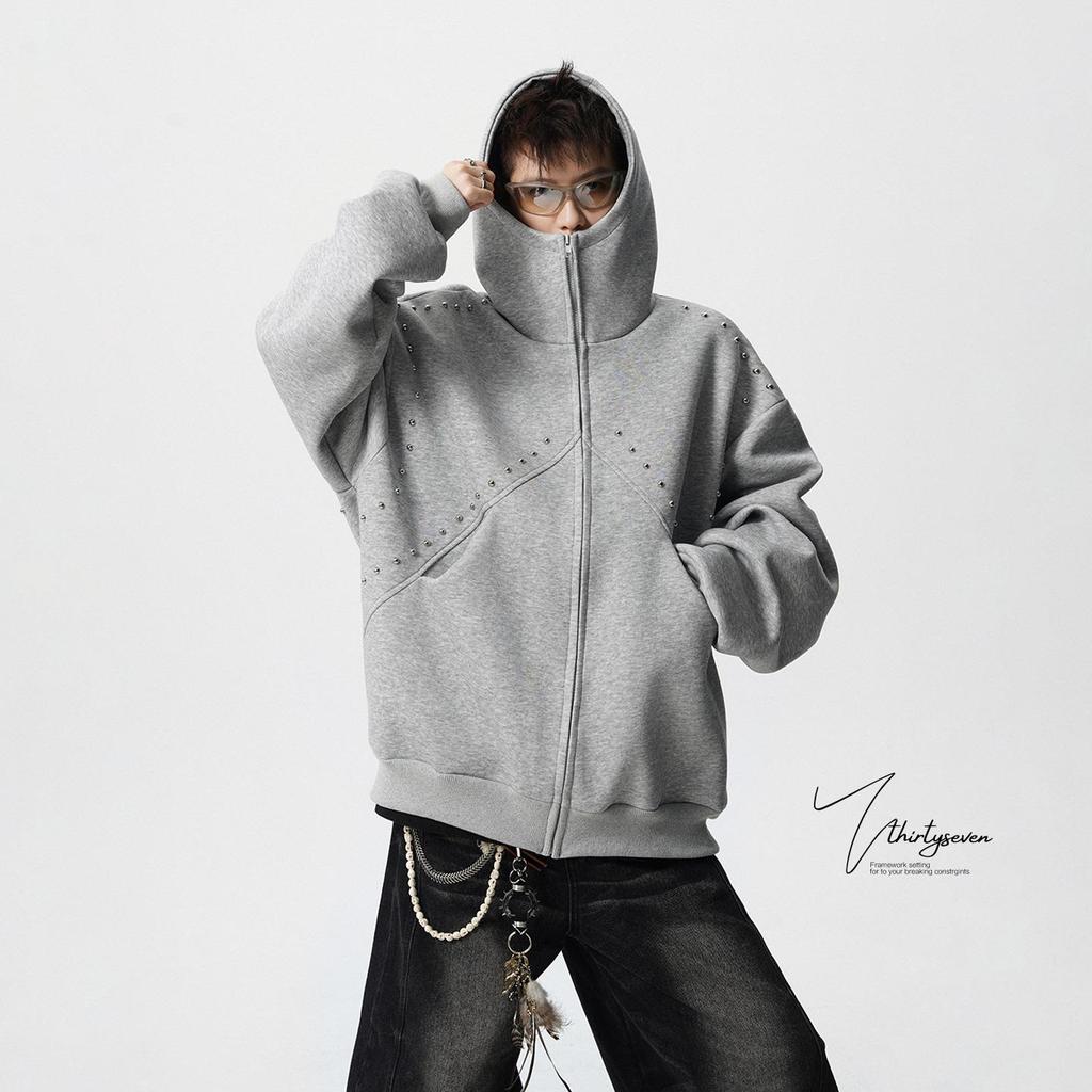 Unisex Pánský/Dámský Těžký Mikinový Svetr s Nýty - Podzim/Zima 2025 Trendy Volná Bunda