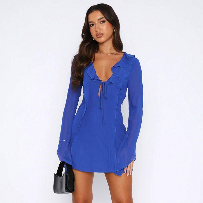 Fashion Ins Autumn New Arrival Hip Skirt Sexy Style Sexy Slim Fit Ruffled Long Sleeves Tied Dress Women