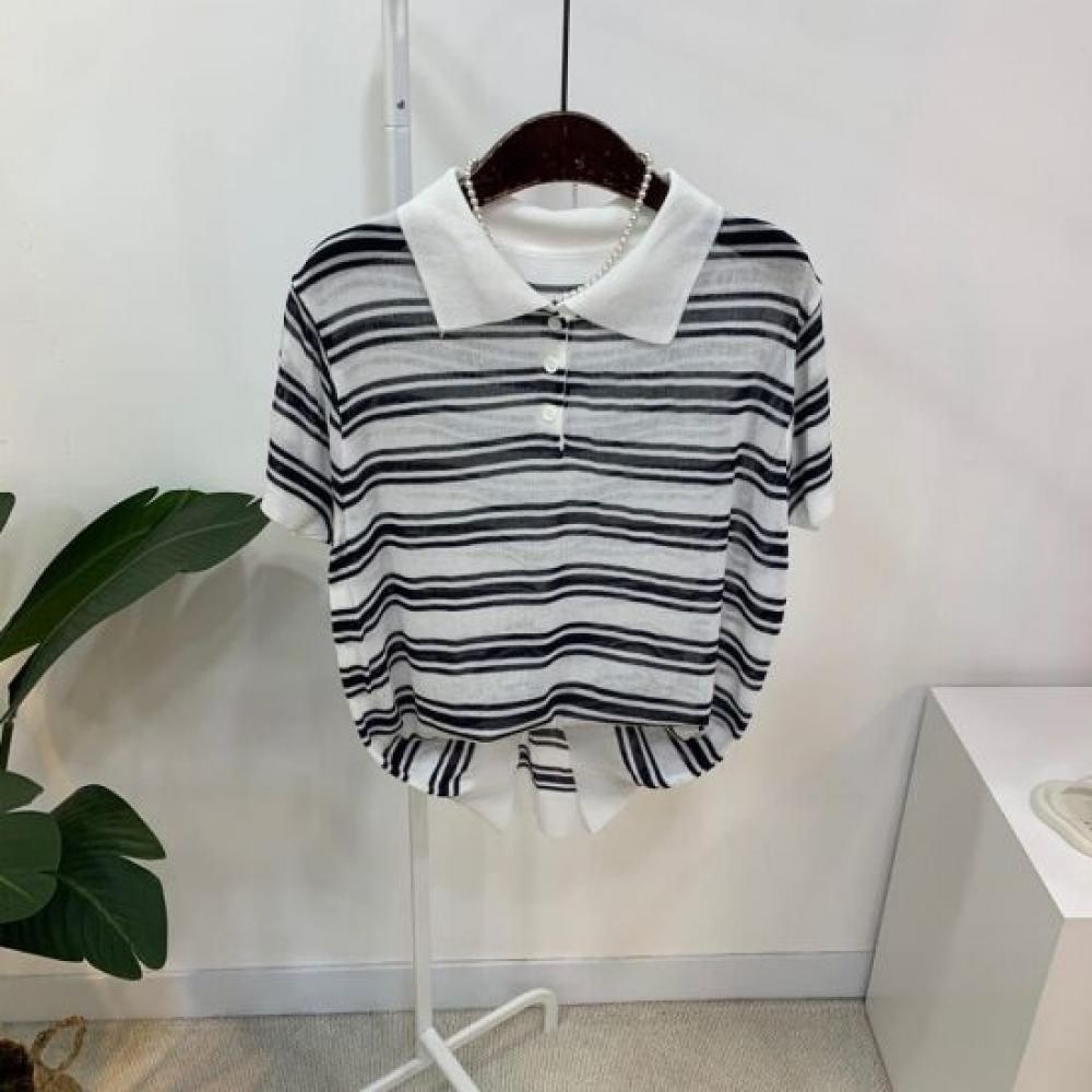 C S In The Room Shami Collar neCk Stripe Short Sleeve Knit 3Color