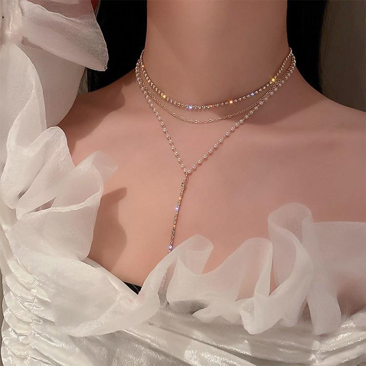 Korean Style Rhinestone Tassel & Pearl Necklace: High-End Clavicle Chain Jewelry for Women