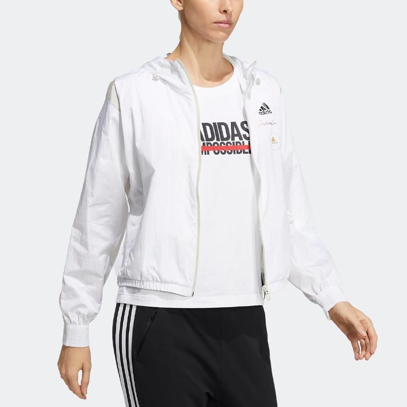 adidas Logo Print Sport Webjacke mit Kapuze Damenjacke Weiß HE9959