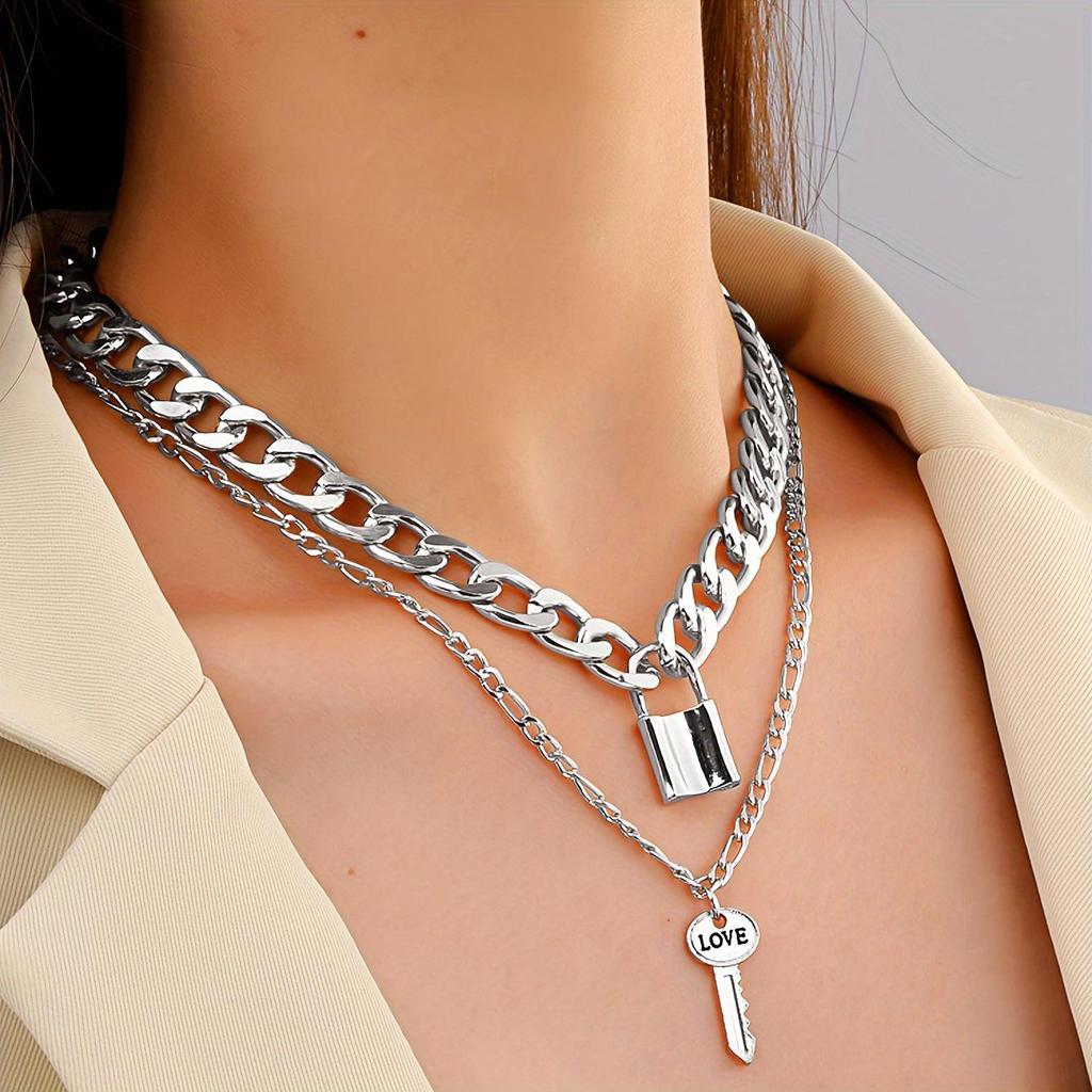 European & American Punk Style Multi-Layer Necklace with Lock Pendant