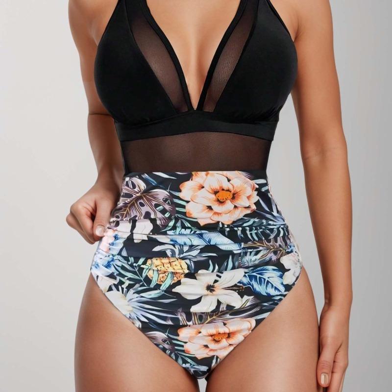 New Solid Color Mesh Halter Sexy Bikini One-piece Swimsuit Swimsuit