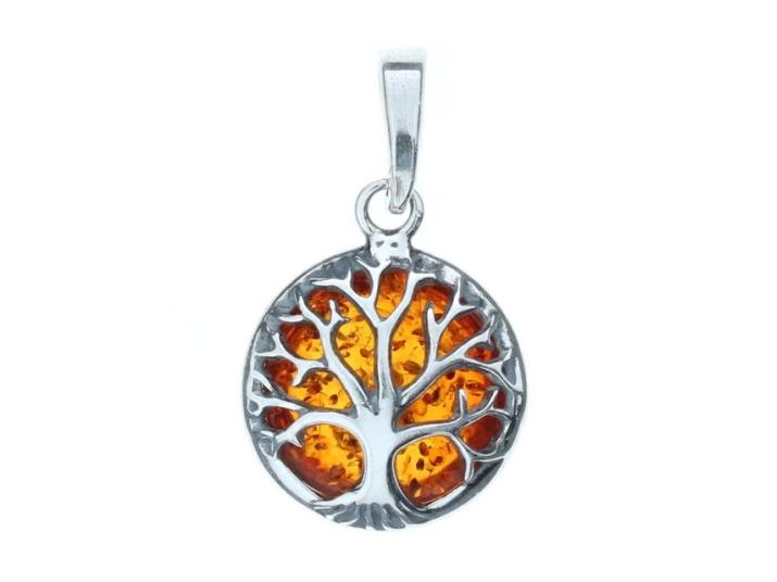 Srebrna Zawieszka Drzewko Szczęścia Z Bursztynem Oksydowany Wisiorek Amulet