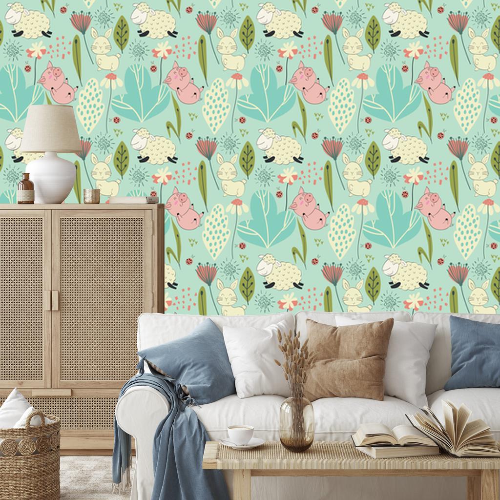 Funny sheep and bunnies wallpaper for living room and bedroom 50x1000