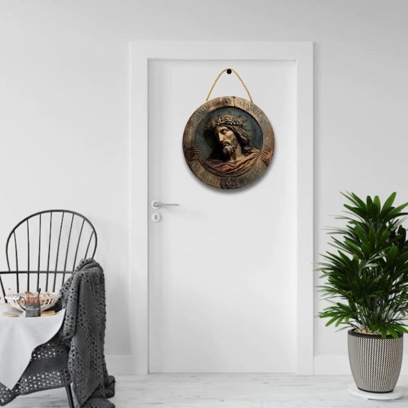 Religious Wall Decor Jesus Christ Artwork Wooden Painting Wall Art Pictures Rustic Wall Hanging Wooden Home Sign Wall Decor Poster with Rope for Livin