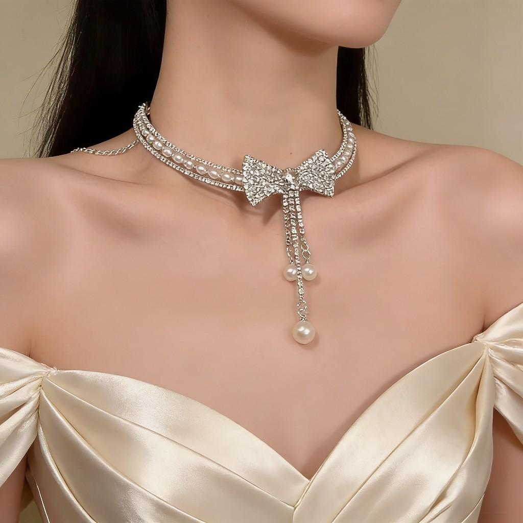 Sparkling Zirconium Bow Necklace Dinner Dress Choker Collarbone Chain Full Diamond Neck Chain