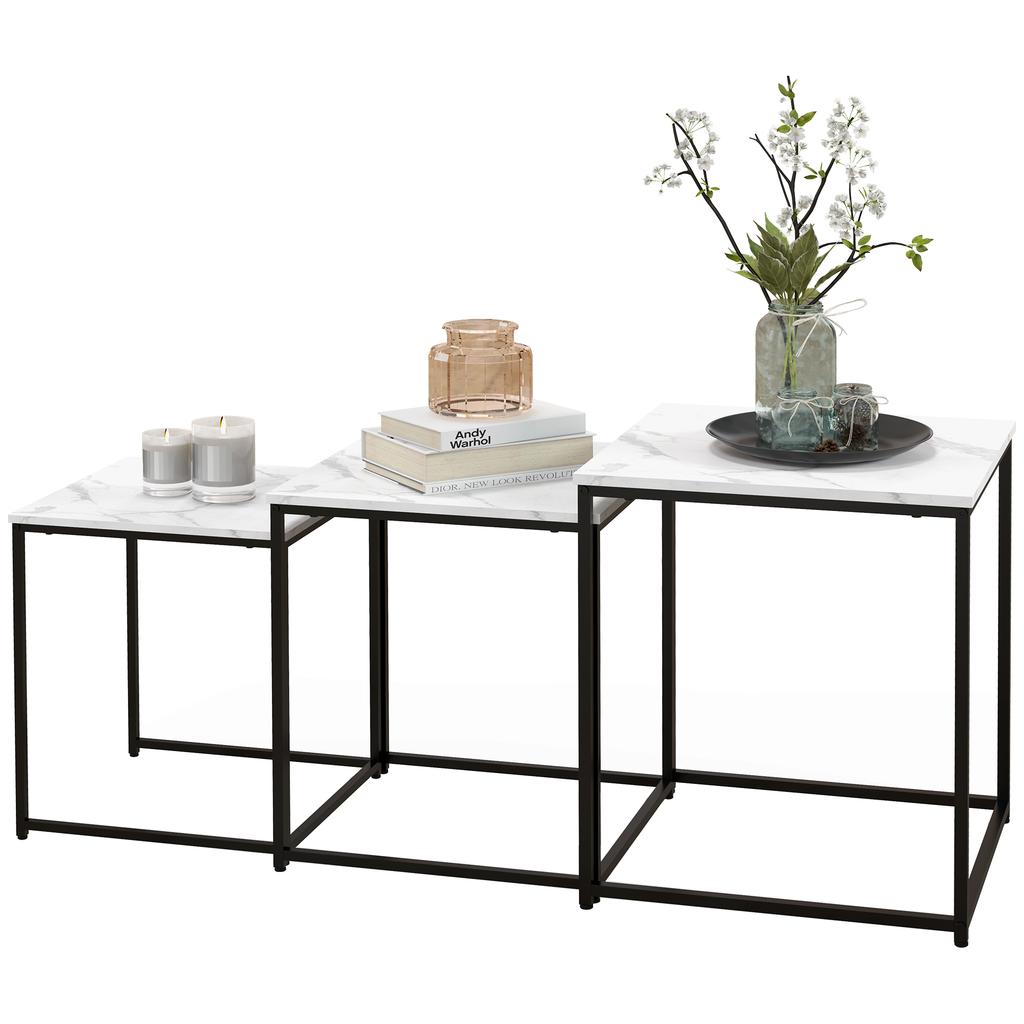 Nesting Side Tables, 3-Piece, Marble Effect, Steel Frame, White