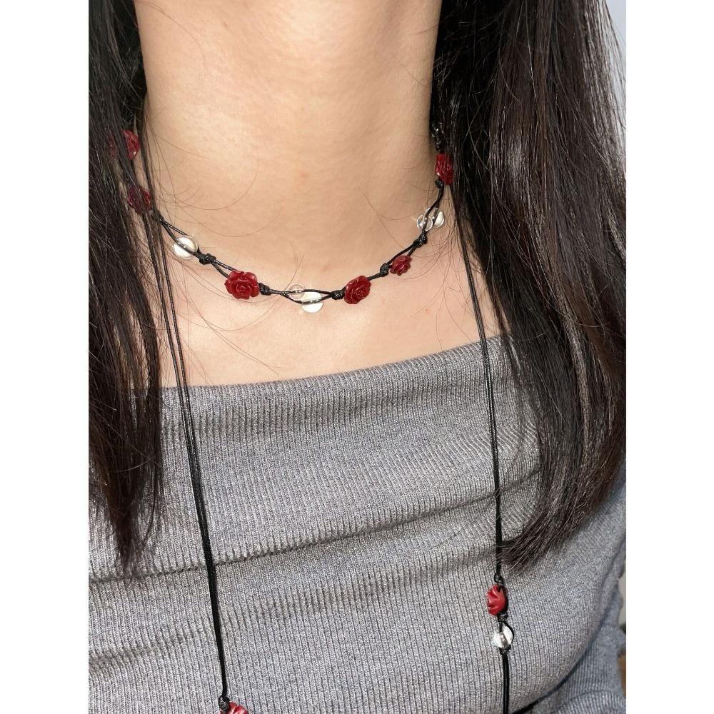 

New Arrival Red Rose Flower Handmade Beaded Long Necklace for Women Temperament Fold Wear Sweater Chain Jewelry Accessories Gift