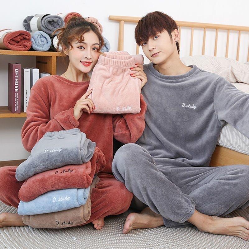 Women's Flannel Warm Home Sleepwear Sets Solid Color Round Neck Fleece Thick Pullover Lady Pajamas Long Sleeve Pants Casual 2Pcs