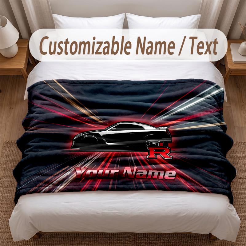 Nissan GT-R Printed Flannel Blanket Custom Name Text Soft Warm Throw For Bedroom Holiday Gift