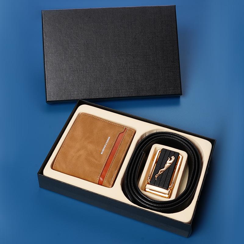 First Layer Cowhide Men'S Belt Wallet Combination Set Cowhide Automatic Buckle Belt Wallet Gift Box