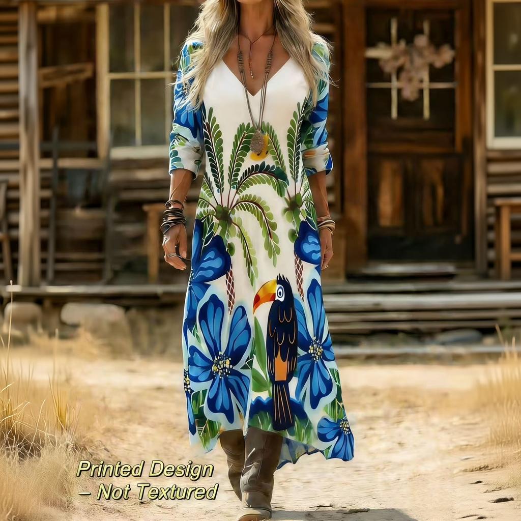 Women's Vintage Ethnic Floral Print Long Sleeve Dress Bohemian Vacation Beach Maxi Dress with V Neck and Relaxed Fit