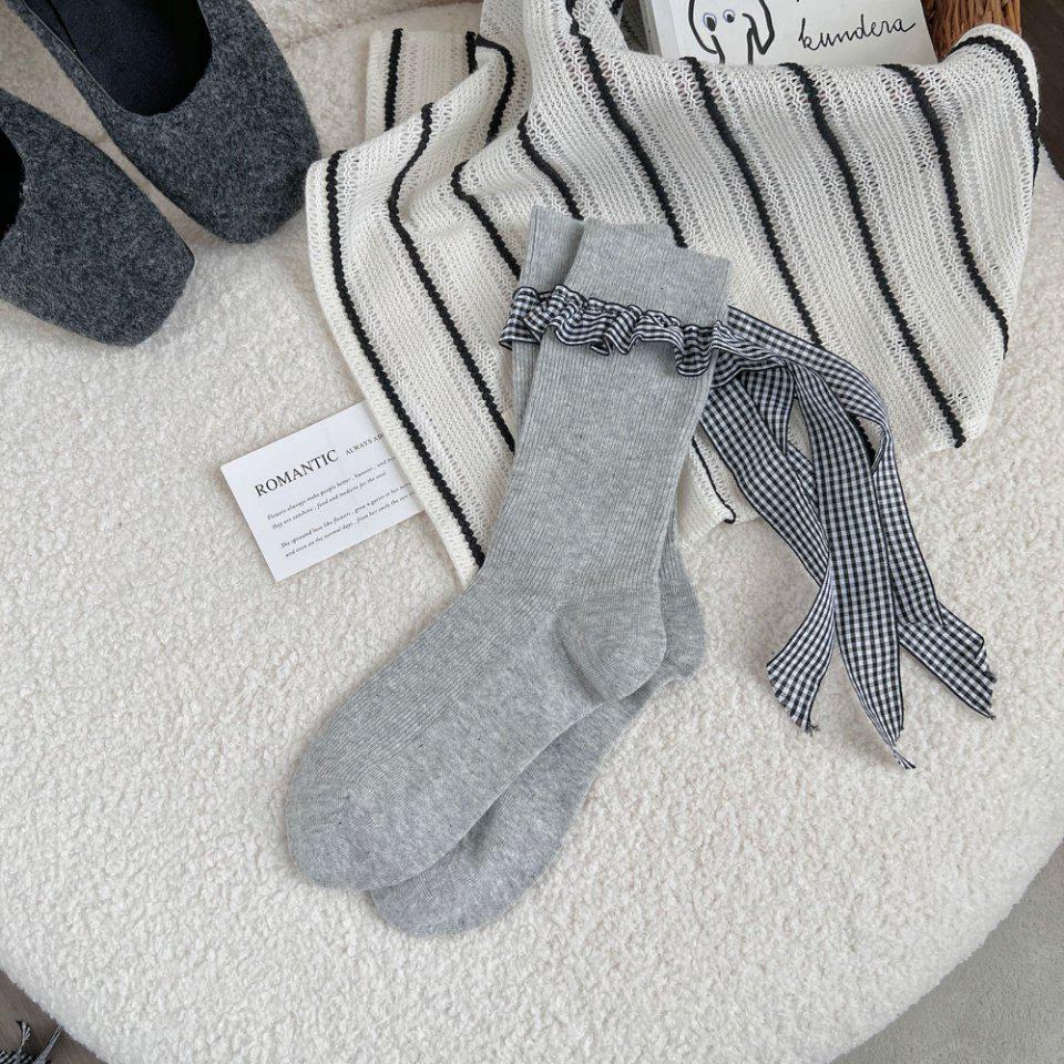 

Серые кружевные балетные носки с оборками и бантом - Женские весенне-осенние средней длины One Size светло-серый