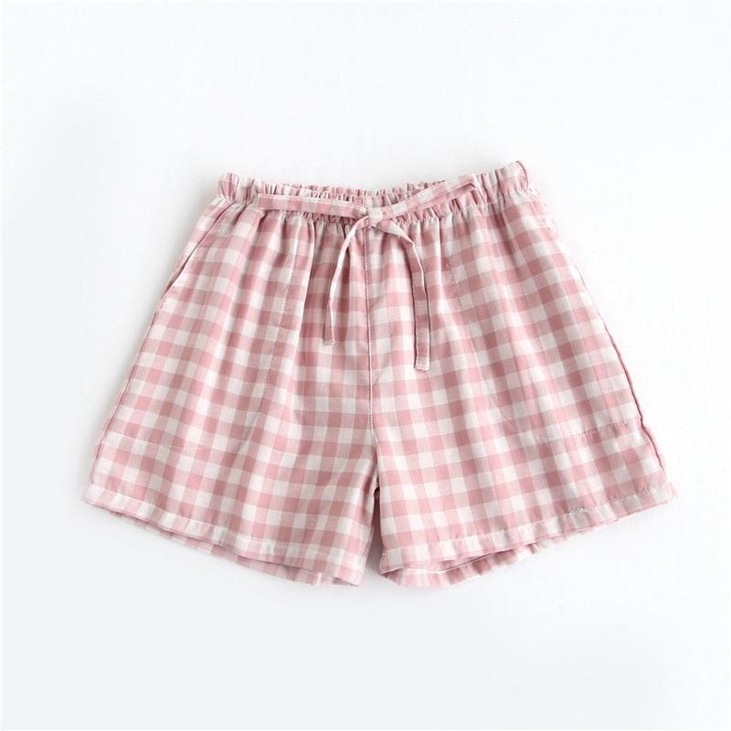 Paar Pyjamas Sommer Baumwolle Gaze Shorts japanischen Stil einfache elastische Taille lässig große Gitter Männer und Frauen Heimhosen