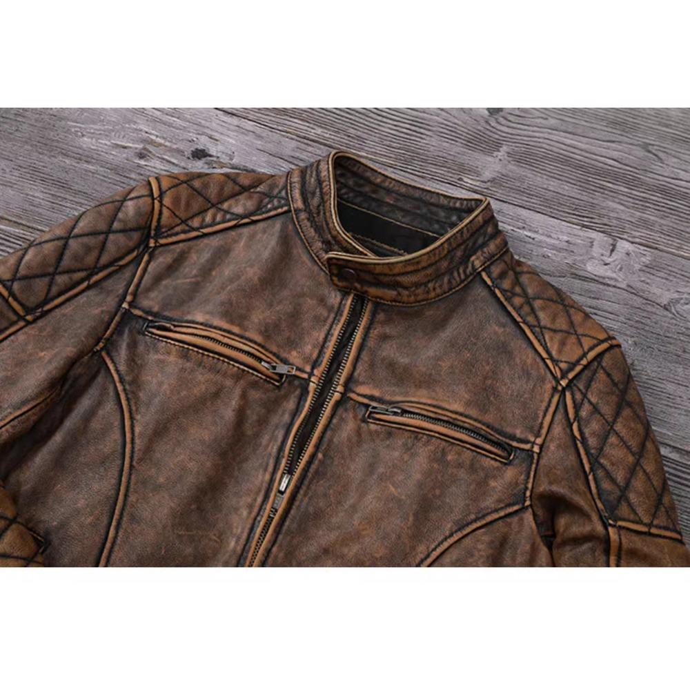 Çin Beden Vintage Erkek Kahverengi Deri Ceket Genine İnek Derisi Motosiklet Stili İnek Ceketleri Erkekler için Sonbahar