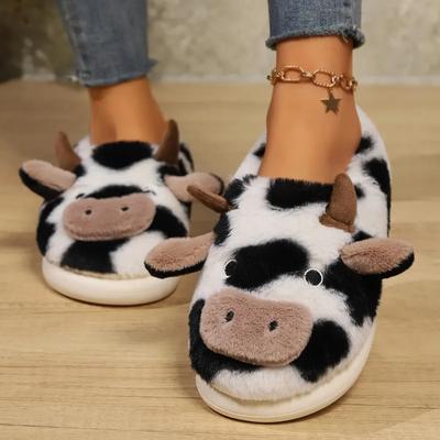 Women's Slippers Home Plush Cartoon Cow Designer Shoes Girls Cute Winter Fluffy Slippers Flats Warm Casual Fur Slides Large Size