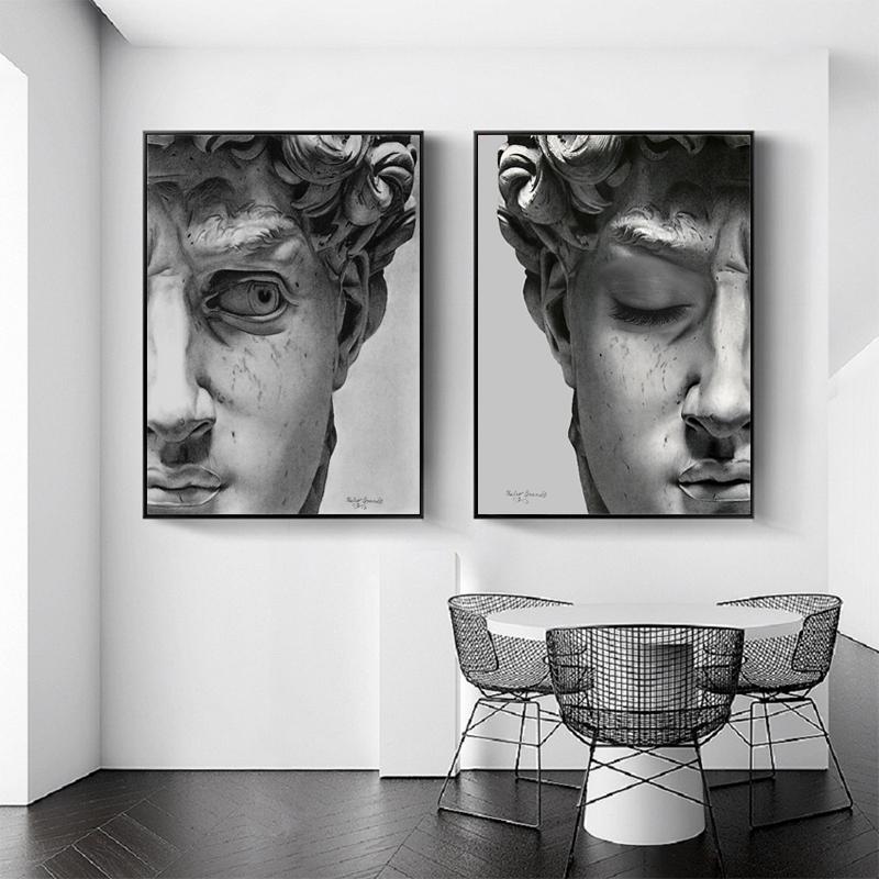 Retro Renaissance David Massivskulptur Leinwandgemälde Halbes Gesicht Porträt Druck Poster Kunstbilder für Zimmerwanddekoration